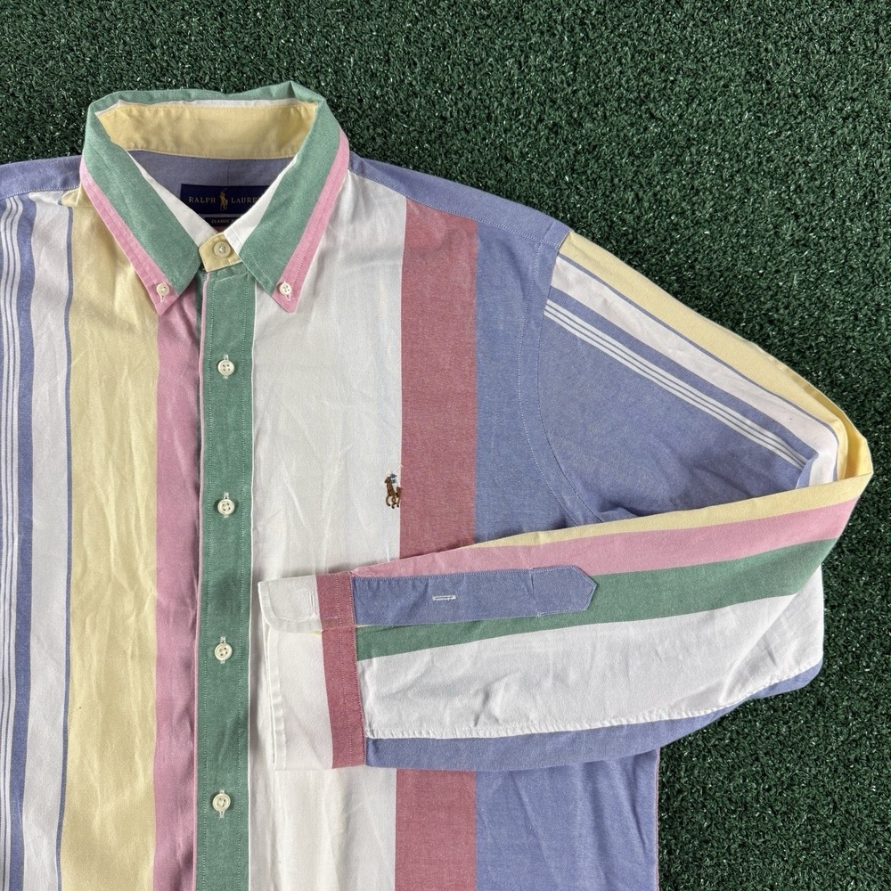 Ralph Lauren Men's Long Sleeve Button Shirt Large Vertical Striped Preppy